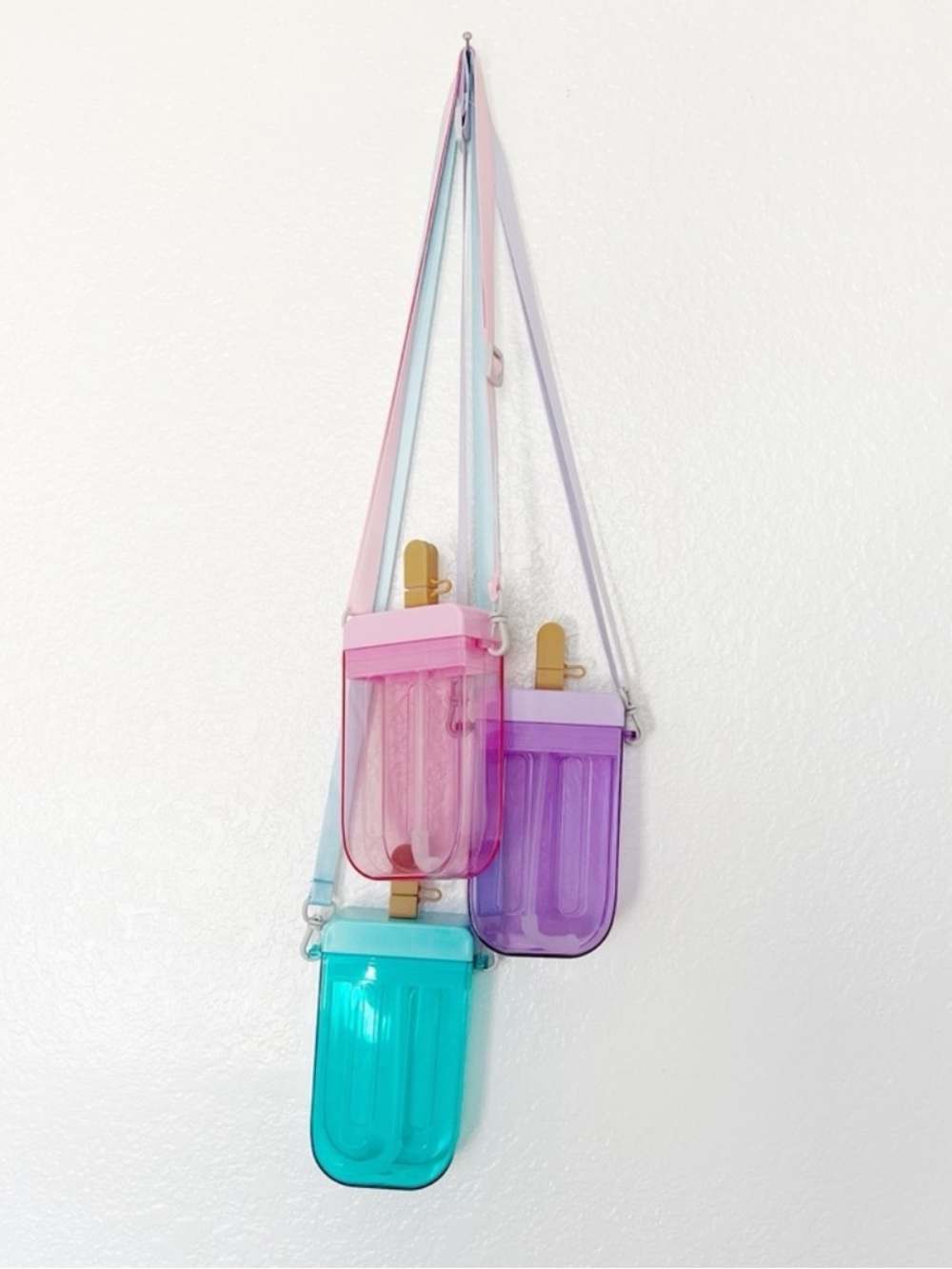 Pastel Popsicle Water Bottle Clear Ice Cream Novelty Cup Pink Purple Teal Strap